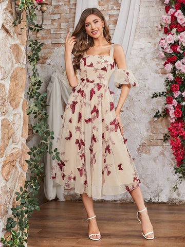 Double Crazy Women's Butterfly Embroidery Off-Shoulder Mesh Dress