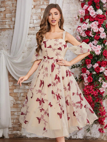 Double Crazy Women's Butterfly Embroidery Off-Shoulder Mesh Dress