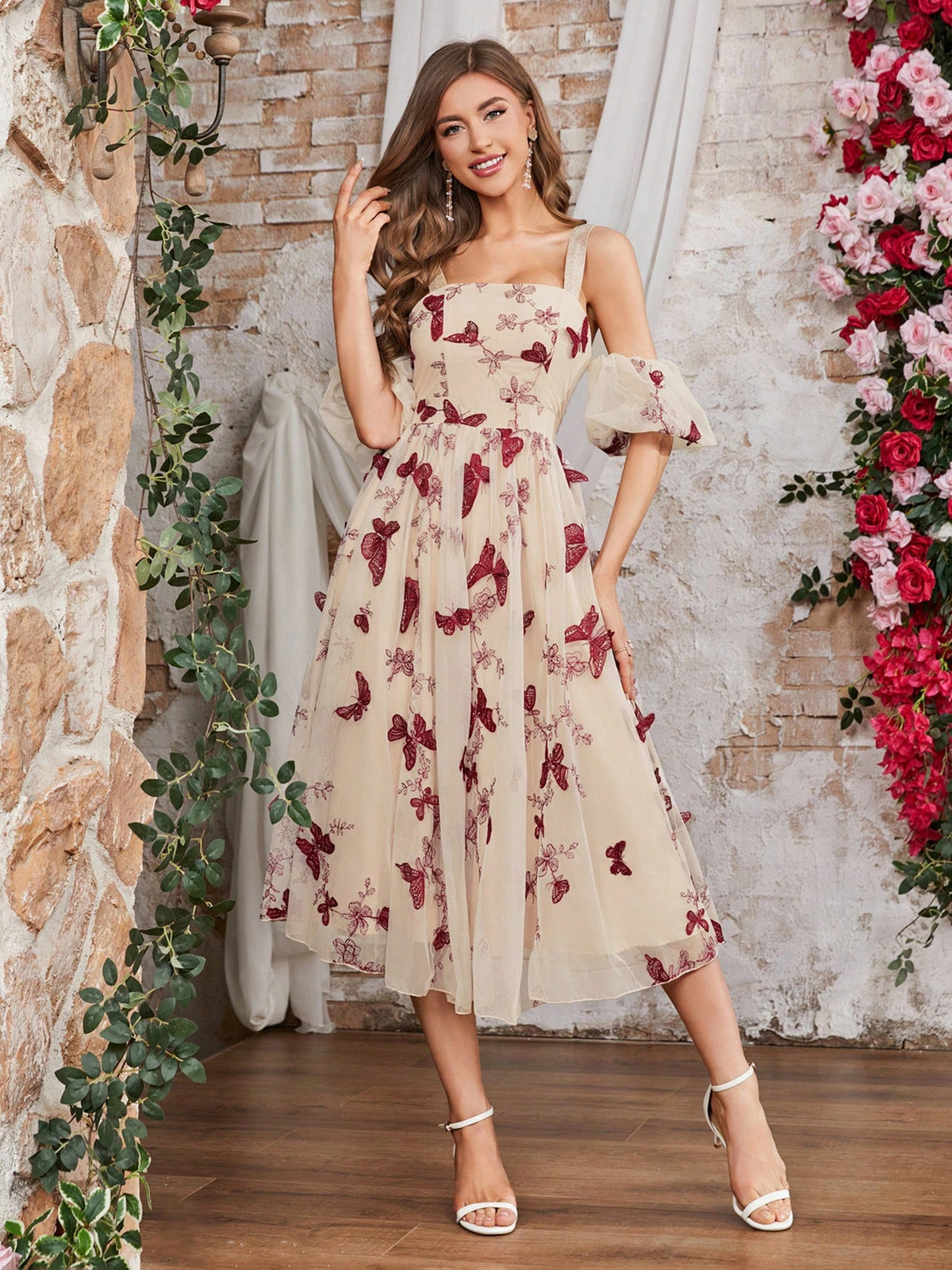 Double Crazy Women's Butterfly Embroidery Off-Shoulder Mesh Dress