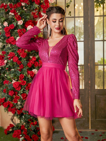 Double Crazy Women's Fashionable Glitter Sheer Dress With Slip Dress