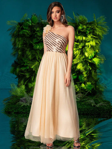 Double Crazy Women's Mesh Patchwork Glitter One Shoulder Formal Dress