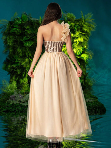 Double Crazy Women's Mesh Patchwork Glitter One Shoulder Formal Dress