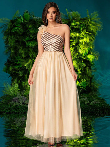 Double Crazy Women's Mesh Patchwork Glitter One Shoulder Formal Dress