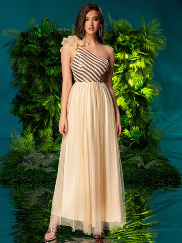 Double Crazy Women's Mesh Patchwork Glitter One Shoulder Formal Dress