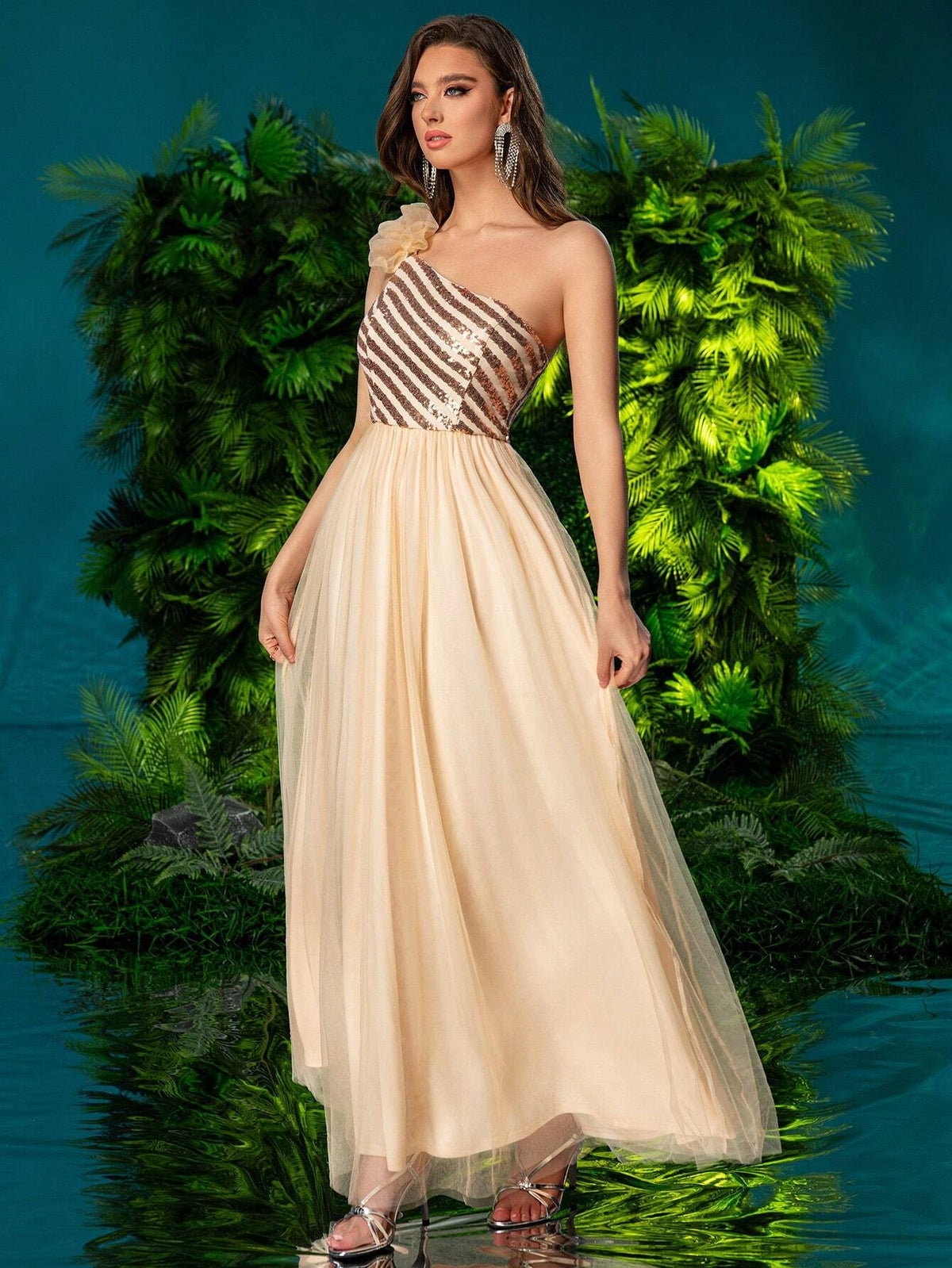 Double Crazy Women's Mesh Patchwork Glitter One Shoulder Formal Dress
