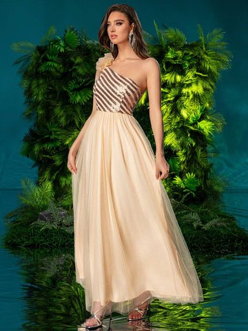 Double Crazy Women's Mesh Patchwork Glitter One Shoulder Formal Dress