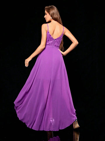 Double Layer Irregular Chiffon Cami Dress With 3d Embroidery