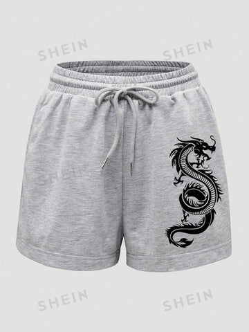 Dragon Graphic Drawstring Waist Track Shorts