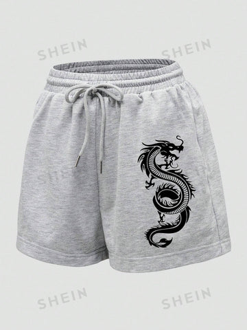 Dragon Graphic Drawstring Waist Track Shorts