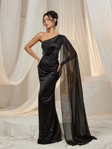 Draped Side One Shoulder Satin Formal Dress