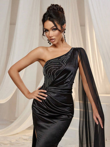 Draped Side One Shoulder Satin Formal Dress