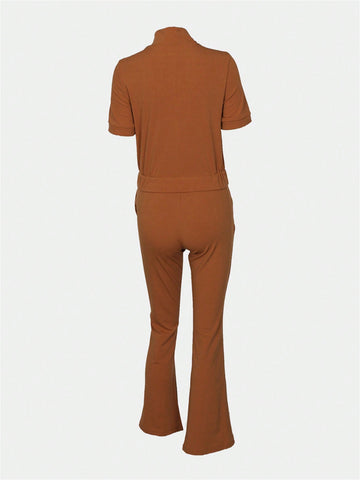 Drawstring Hem Zip-up Front Top And Pants Set