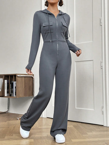 Drawstring Hooded Women's Jumpsuit With Long Pants