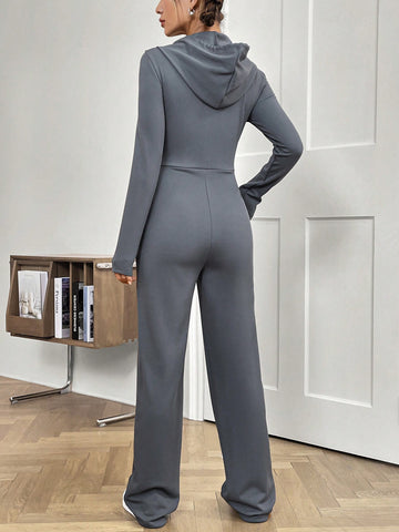Drawstring Hooded Women's Jumpsuit With Long Pants