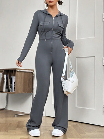 Drawstring Hooded Women's Jumpsuit With Long Pants