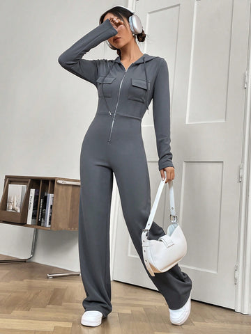 Drawstring Hooded Women's Jumpsuit With Long Pants
