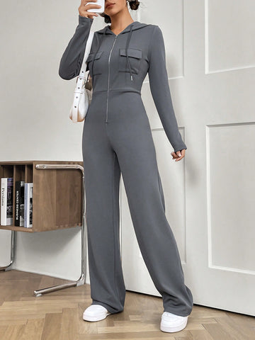 Drawstring Hooded Women's Jumpsuit With Long Pants
