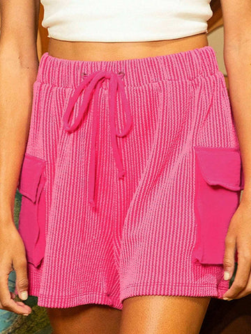 Drawstring Pocket Ribbed Cargo Wide Leg Shorts