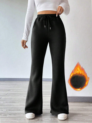 Drawstring Waist Flare Leg Thermal Lined Sweatpants