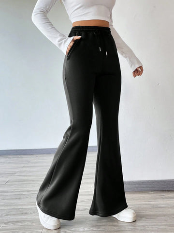 Drawstring Waist Flare Leg Thermal Lined Sweatpants