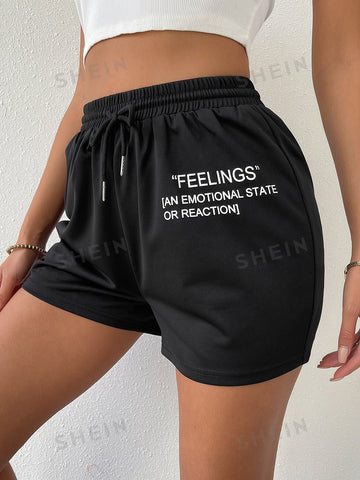 Drawstring Waist Slogan Graphic Track Shorts