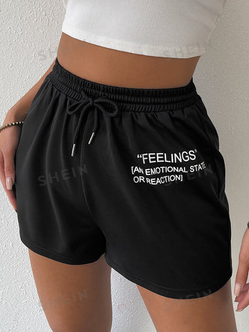 Drawstring Waist Slogan Graphic Track Shorts