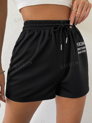 Drawstring Waist Slogan Graphic Track Shorts