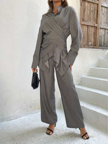 Drop Shoulder Pocket Patched Blouse & Pants