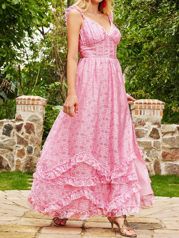 Dual Color Burn-Out Georgette Dress With High Slit, Scalloped Hemline, Puff Sleeves And Large Hemline