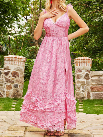 Dual Color Burn-Out Georgette Dress With High Slit, Scalloped Hemline, Puff Sleeves And Large Hemline