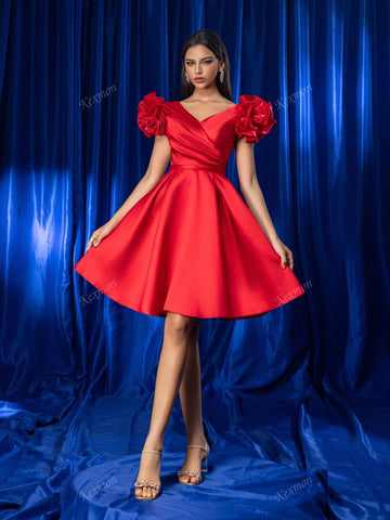 [Due To 3D Floral Positional Discrepancy] Elegant Luxury Red Shiny Handmade Floral Satin Short Party Dress, Formal Gown For Women