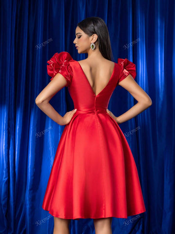 [Due To 3D Floral Positional Discrepancy] Elegant Luxury Red Shiny Handmade Floral Satin Short Party Dress, Formal Gown For Women