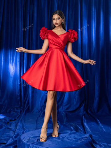 [Due To 3D Floral Positional Discrepancy] Elegant Luxury Red Shiny Handmade Floral Satin Short Party Dress, Formal Gown For Women
