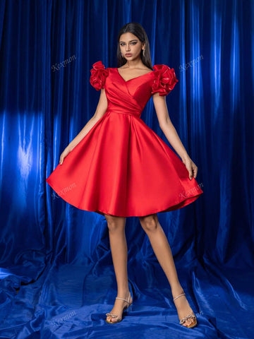 [Due To 3D Floral Positional Discrepancy] Elegant Luxury Red Shiny Handmade Floral Satin Short Party Dress, Formal Gown For Women