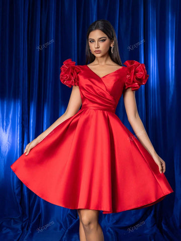 [Due To 3D Floral Positional Discrepancy] Elegant Luxury Red Shiny Handmade Floral Satin Short Party Dress, Formal Gown For Women