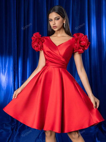[Due To 3D Floral Positional Discrepancy] Elegant Luxury Red Shiny Handmade Floral Satin Short Party Dress, Formal Gown For Women