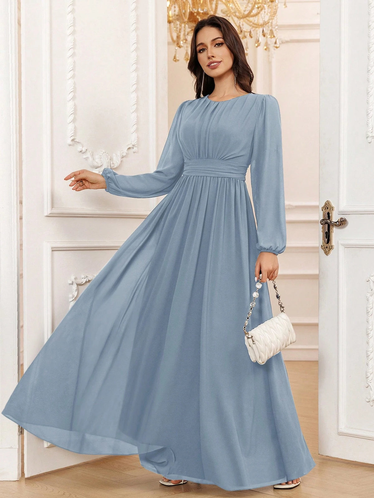 Dusty Blue A-Line Scoop Long Sleeve Floor-Length Chiffon Formal Bridesmaid Dress