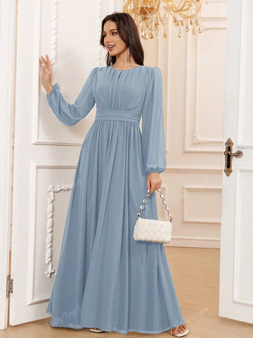 Dusty Blue A-Line Scoop Long Sleeve Floor-Length Chiffon Formal Bridesmaid Dress