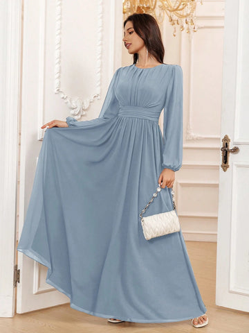 Dusty Blue A-Line Scoop Long Sleeve Floor-Length Chiffon Formal Bridesmaid Dress