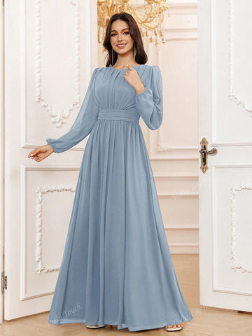 Dusty Blue A-Line Scoop Long Sleeve Floor-Length Chiffon Formal Bridesmaid Dress
