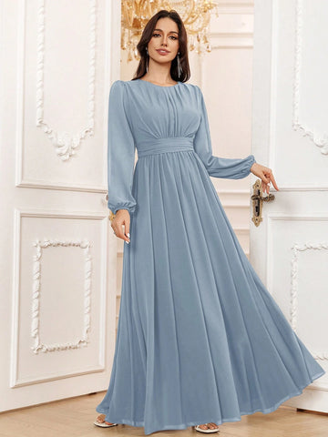 Dusty Blue A-Line Scoop Long Sleeve Floor-Length Chiffon Formal Bridesmaid Dress