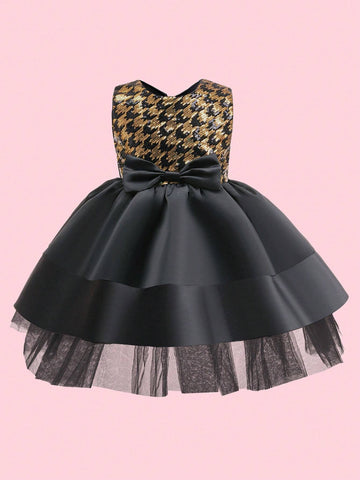 Girls Black & Gold Sequin Sleeveless Party Dress, Young Girl Sheer Tulle Puffy Skirt Formal Gown