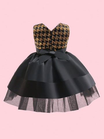 Girls Black & Gold Sequin Sleeveless Party Dress, Young Girl Sheer Tulle Puffy Skirt Formal Gown