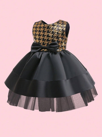 Girls Black & Gold Sequin Sleeveless Party Dress, Young Girl Sheer Tulle Puffy Skirt Formal Gown