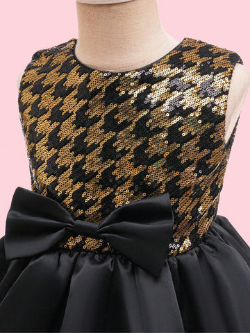 Girls Black & Gold Sequin Sleeveless Party Dress, Young Girl Sheer Tulle Puffy Skirt Formal Gown