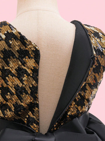 Girls Black & Gold Sequin Sleeveless Party Dress, Young Girl Sheer Tulle Puffy Skirt Formal Gown
