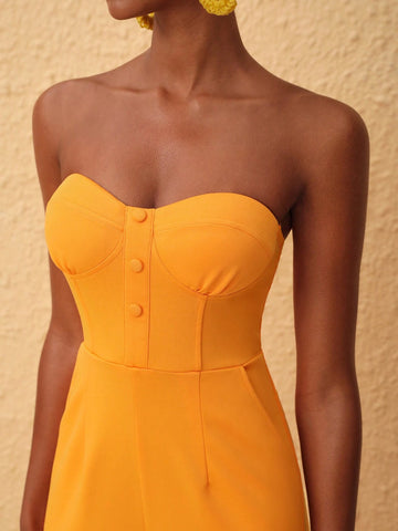 EKeyes Solid Color Strapless Wide Leg Jumpsuit