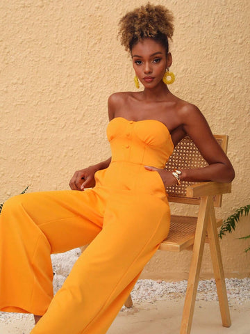 EKeyes Solid Color Strapless Wide Leg Jumpsuit