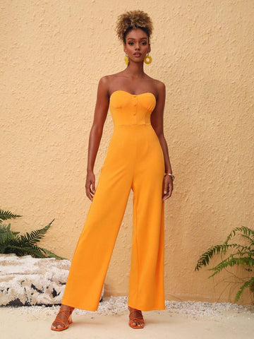 EKeyes Solid Color Strapless Wide Leg Jumpsuit
