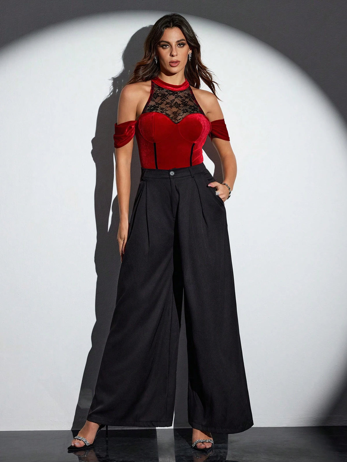 ELEONORA CICCHETTI Designer Women's Black Red Lace Velvet Stand Collar Sexy Cold Shoulder Bodysuit Christmas Party, Holiday, New Year